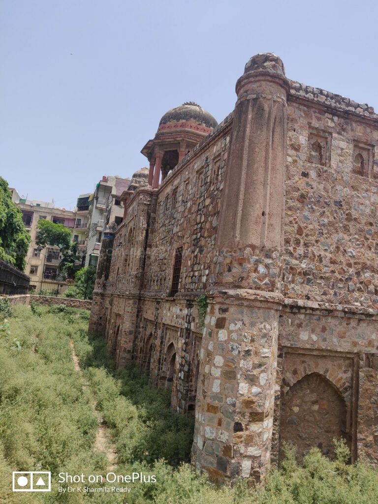 The dried up moat around the Jahaz Mahal