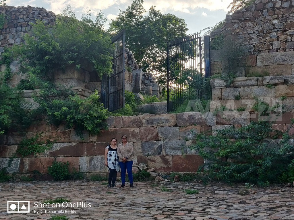 Author Dr K Sharmila Reddy with her friend at the south east gate- notice the height of the gate- there may have been a wooden stair to climb it.