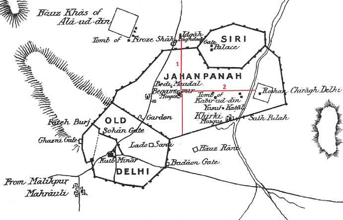 the layout of 4th city of medieval Delhi –“Jahanpanah”- connecting Old Delhi (Qila Rai Pithora) and Siri