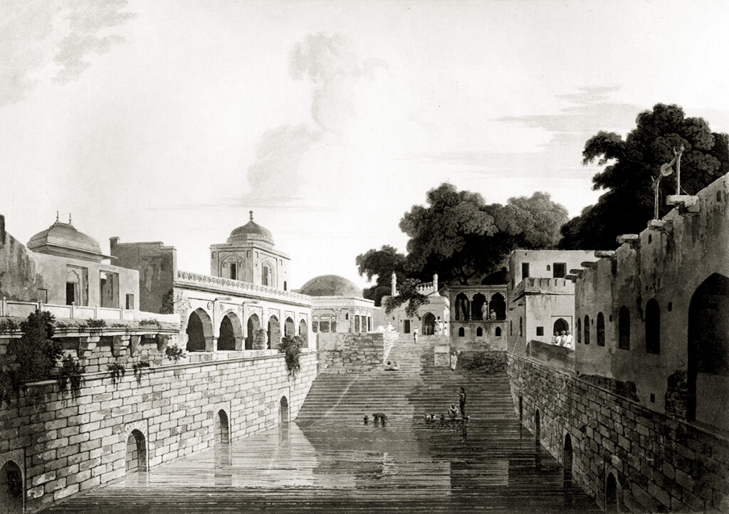 a rare painting of Nizam-ud-din’s Baoli with steps at southern end