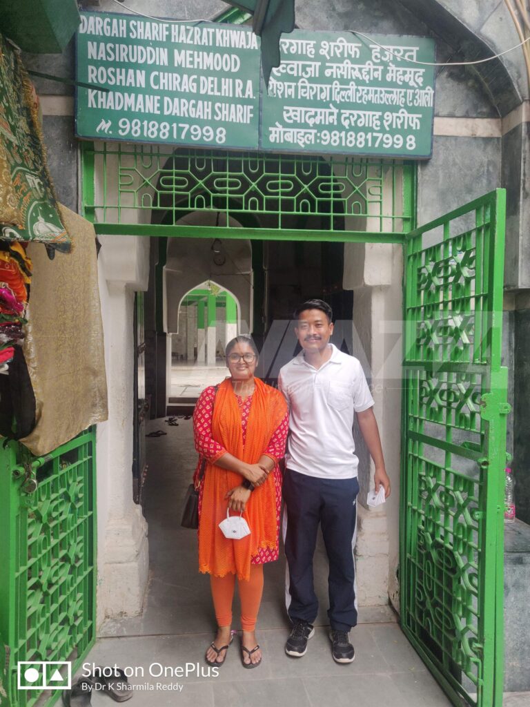 Author Dr K Sharmila Reddy with her friend at the entrance of Chirag Delhi Dargah